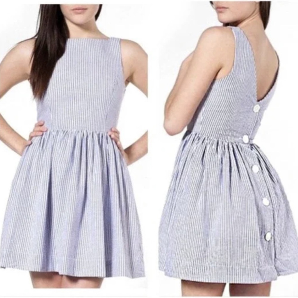 American Apparel Seersucker Striped Back Button Sleeveless Skater Mini Dress